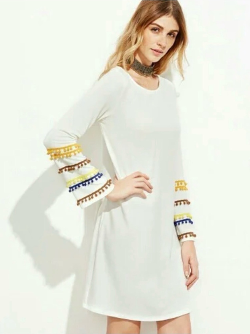 CK Bradley Cream Mini Dress with Color-Trim Sleeves